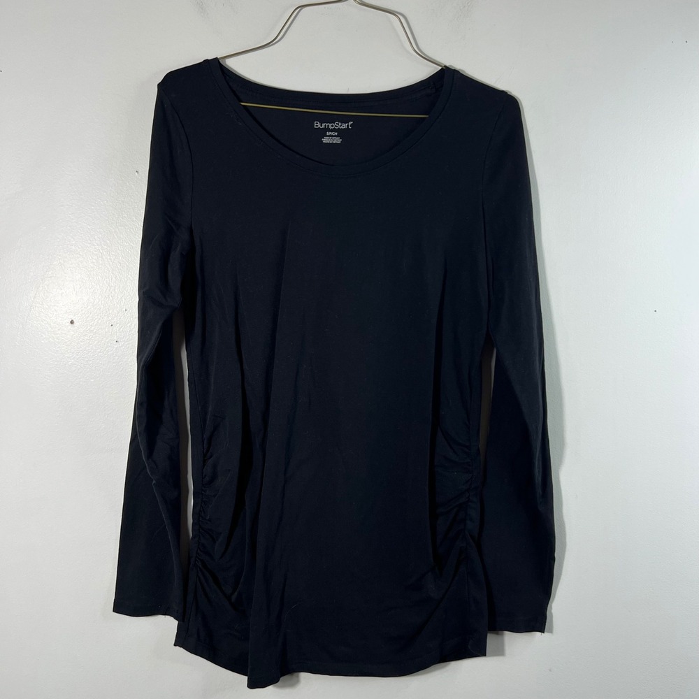 Bumpstart Maternity Ruched Long Sleeve Stretch‎ Tee Shirt Black S Cotton Spandex